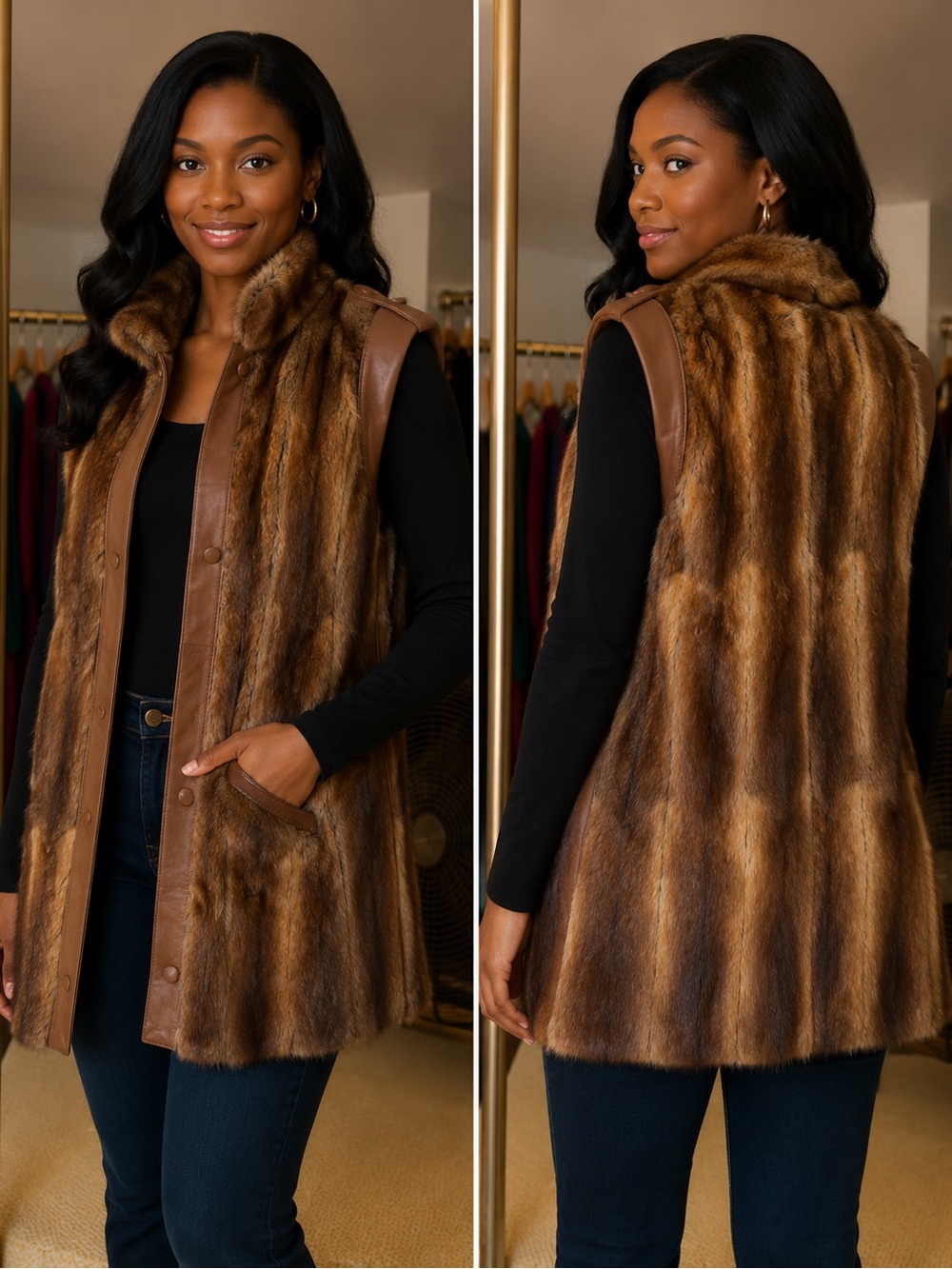 Women's Brown Fur Vest with Leather Trim